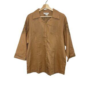 Natural Collection Women's linen Shirt size Large V Neck 3/4 Sleeves Embroidery